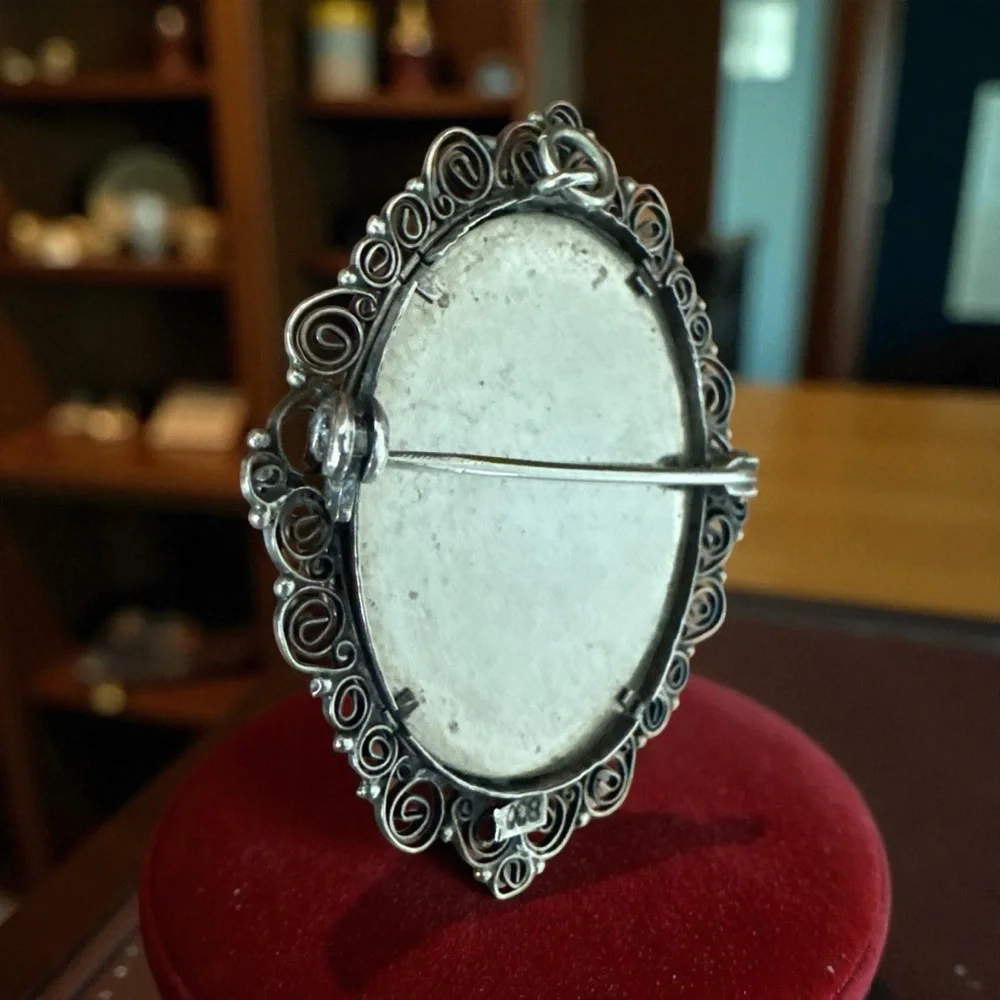 Antique Vintage‎ 800 Silver Brooch Pendant Hand Painted Cameo Woman & Children